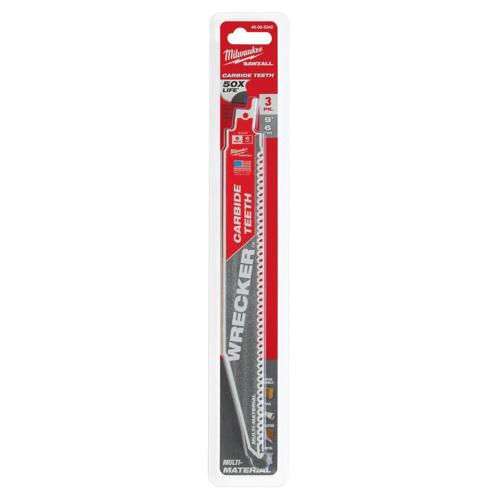 Milwaukee 48-00-5342 9 6TPI The WRECKER™ with Carbide Teeth SAWZALL® Blade 3Pk