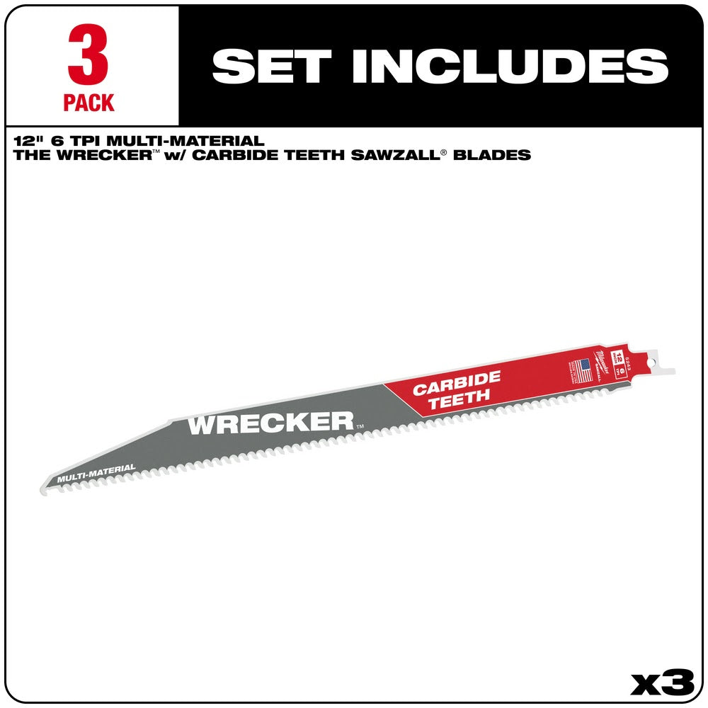 Milwaukee 48-00-5343 12 6TPI THE WRECKER™ with Carbide Teeth SAWZALL® Blade 3Pk