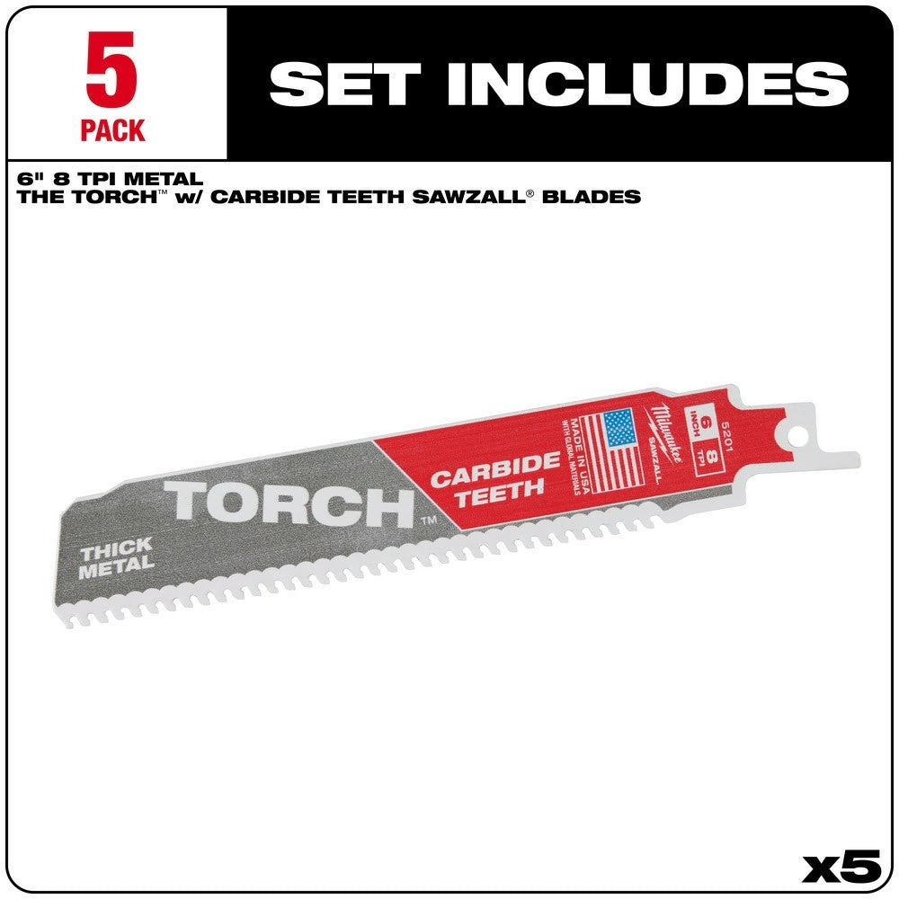 Milwaukee 48-00-5501 6 7TPI Torch Metal Cutting Sawzall Blade with Carbide Teeth, 5 Pack