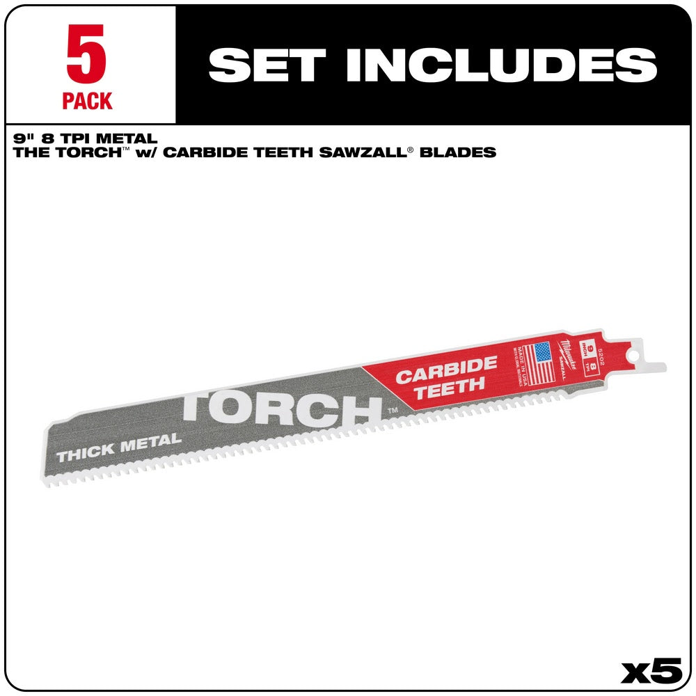 Milwaukee 48-00-5502 9 7TPI Torch Metal Cutting Sawzall Blade with Carbide Teeth, 5 Pack