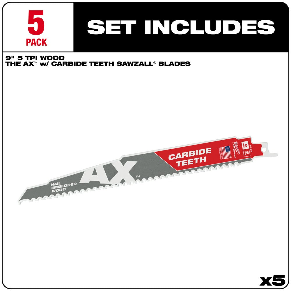 Milwaukee 48-00-5526 9 5TPI AX with Carbide Teeth Sawzall Blade, 5 Pack