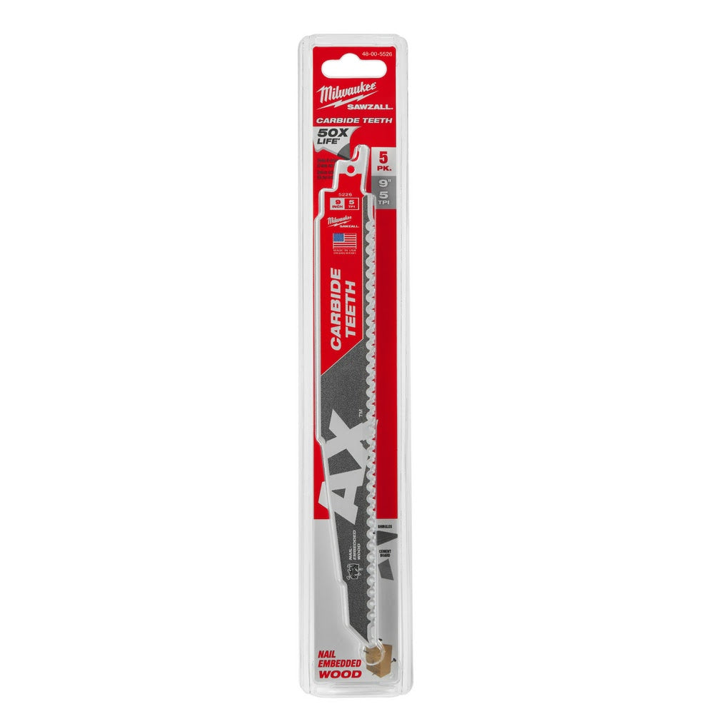 Milwaukee 48-00-5526 9 5TPI AX with Carbide Teeth Sawzall Blade, 5 Pack