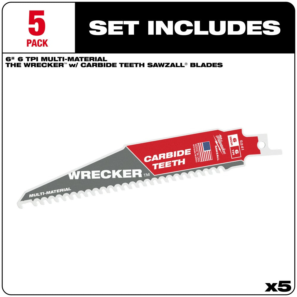 Milwaukee 48-00-5541 6 6TPI The WRECKER™ with Carbide Teeth SAWZALL® Blade, 5Pk