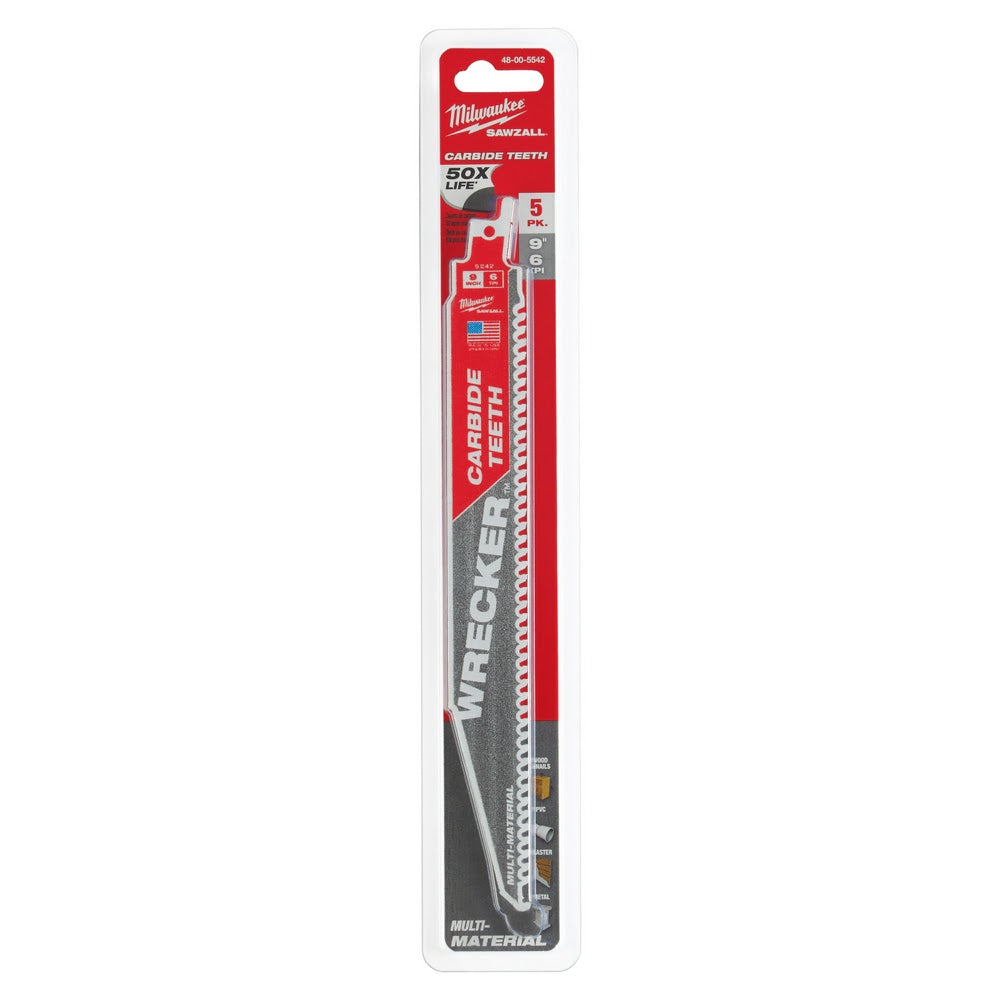 Milwaukee 48-00-5542 12 6TPI The WRECKER™ with Carbide Teeth SAWZALL® Blade, 5Pk