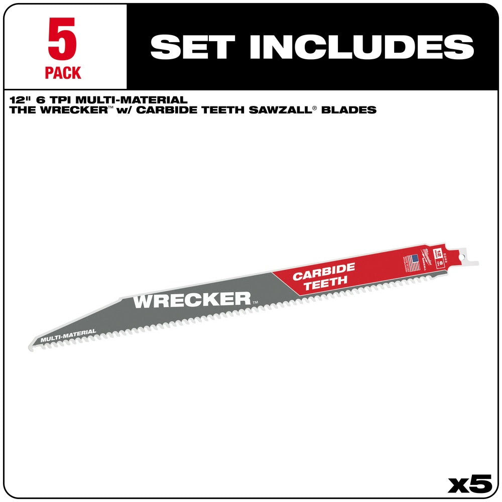 Milwaukee 48-00-5543 12 6TPI THE WRECKER™ with Carbide Teeth SAWZALL® Blade 5Pk