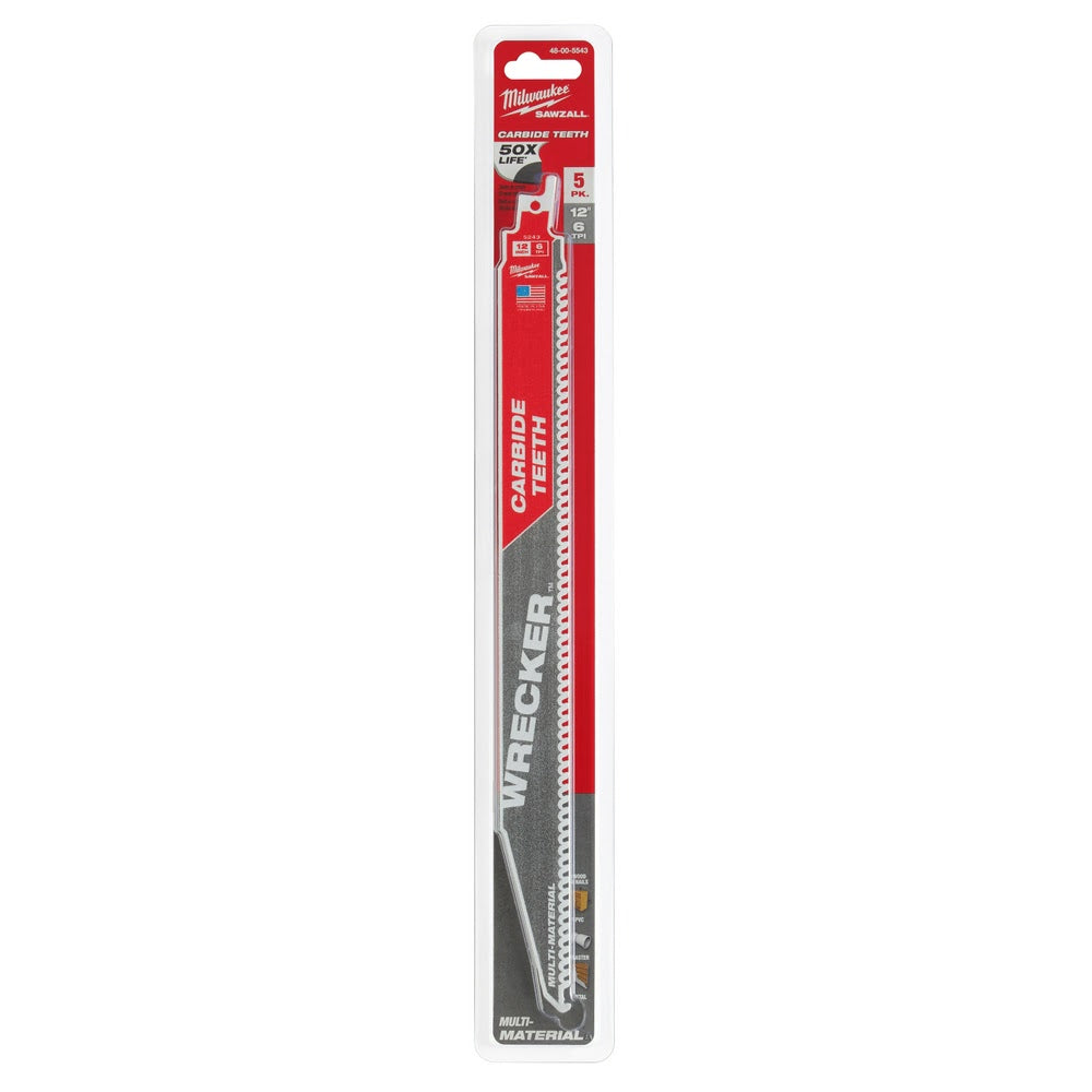 Milwaukee 48-00-5543 12 6TPI THE WRECKER™ with Carbide Teeth SAWZALL® Blade 5Pk