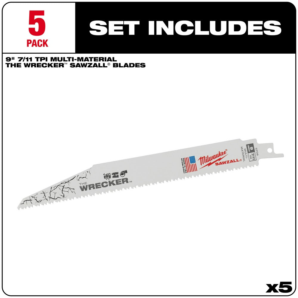 Milwaukee 48-00-5706 9 x 8TPI Super Sawzall Wrecker Blade, 5-Pack