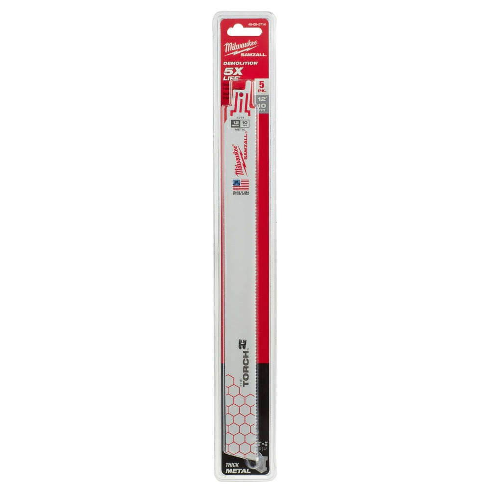 Milwaukee 48-00-5714 Super Sawzall Blade 10TPI 12-Inch Length, Torch, 5 Pack