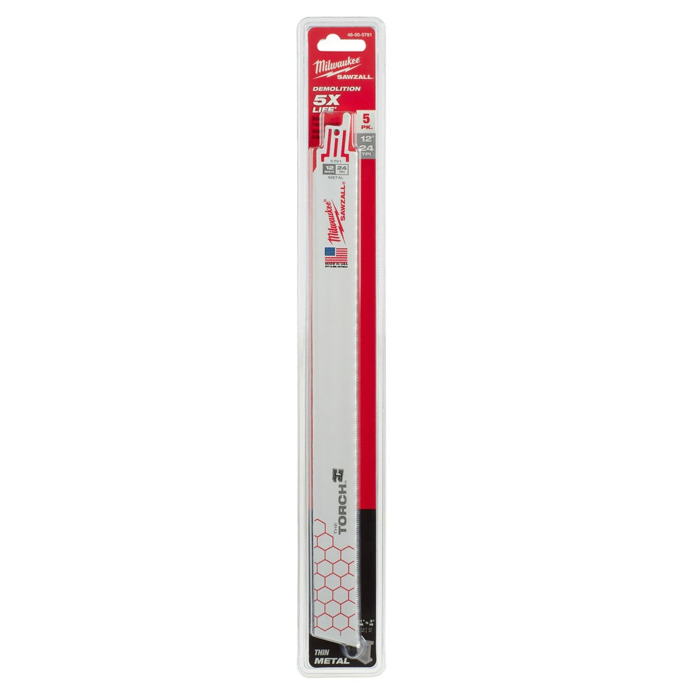 Milwaukee 48-00-5791 Super Sawzall Blade 24TPI 12-Inch Length, Torch, 5 Pack