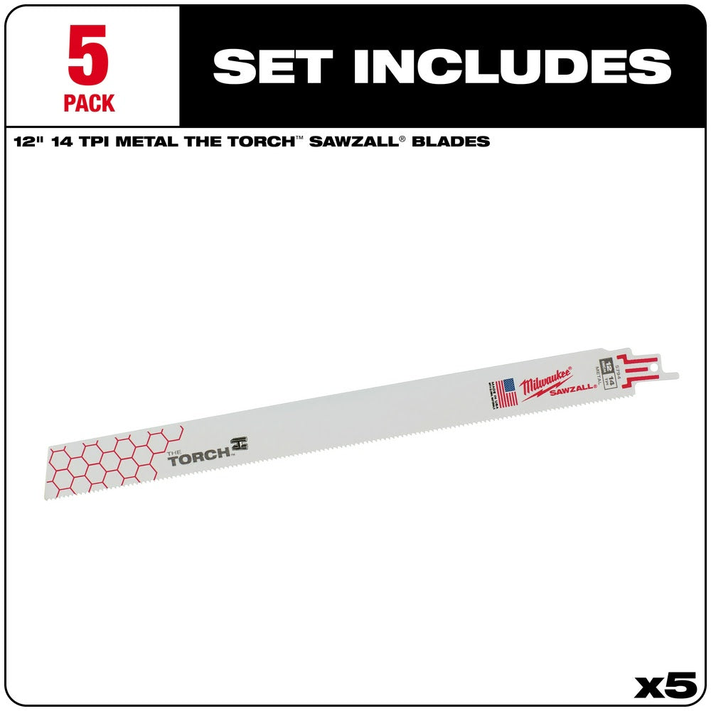 Milwaukee 48-00-5794 Super Sawzall Blade 14TPI 12-Inch Length Torch, 5 Pack