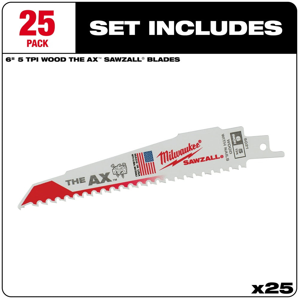 Milwaukee 48-00-8021 6 x 5/8 TPI Super Sawzall AX Blade, 25-Pack