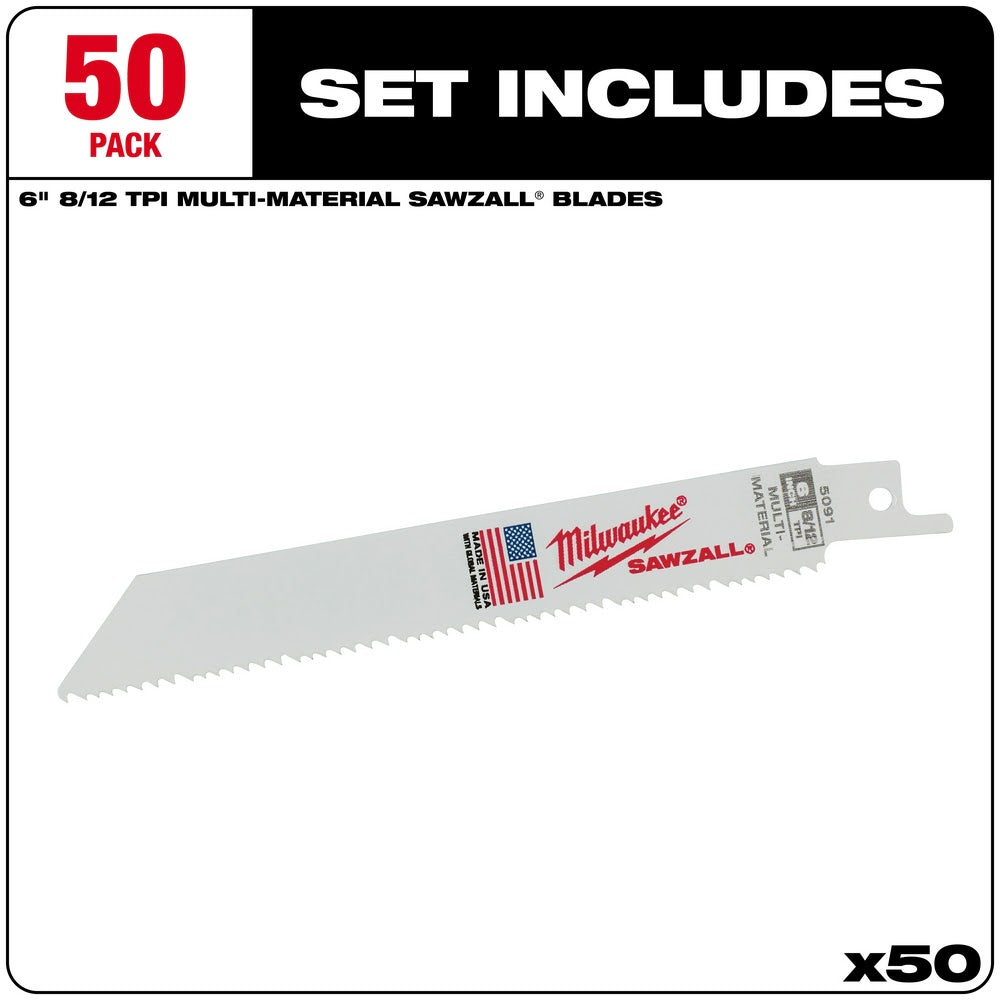 Milwaukee 48-01-6091 6 x 8/12 TPI Bi-Metal Super Sawzall Blade, 50-Pack