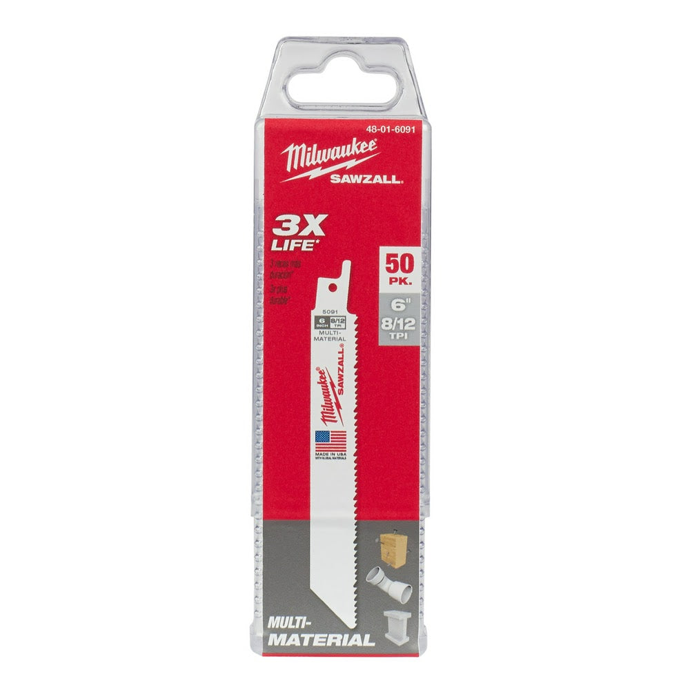 Milwaukee 48-01-6091 6 x 8/12 TPI Bi-Metal Super Sawzall Blade, 50-Pack