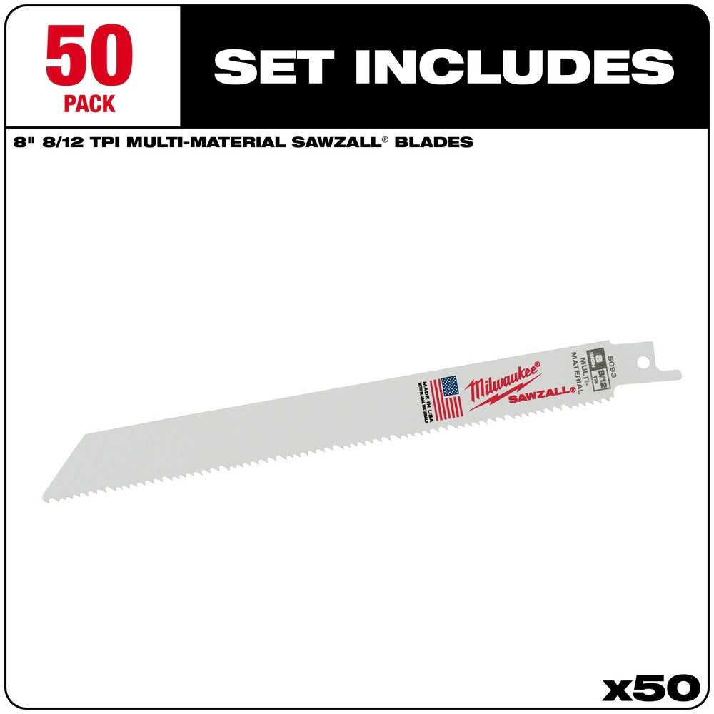 Milwaukee 48-01-6093 8 x 8/12 TPI Bi-Metal Super Sawzall Blade, 50-Pack