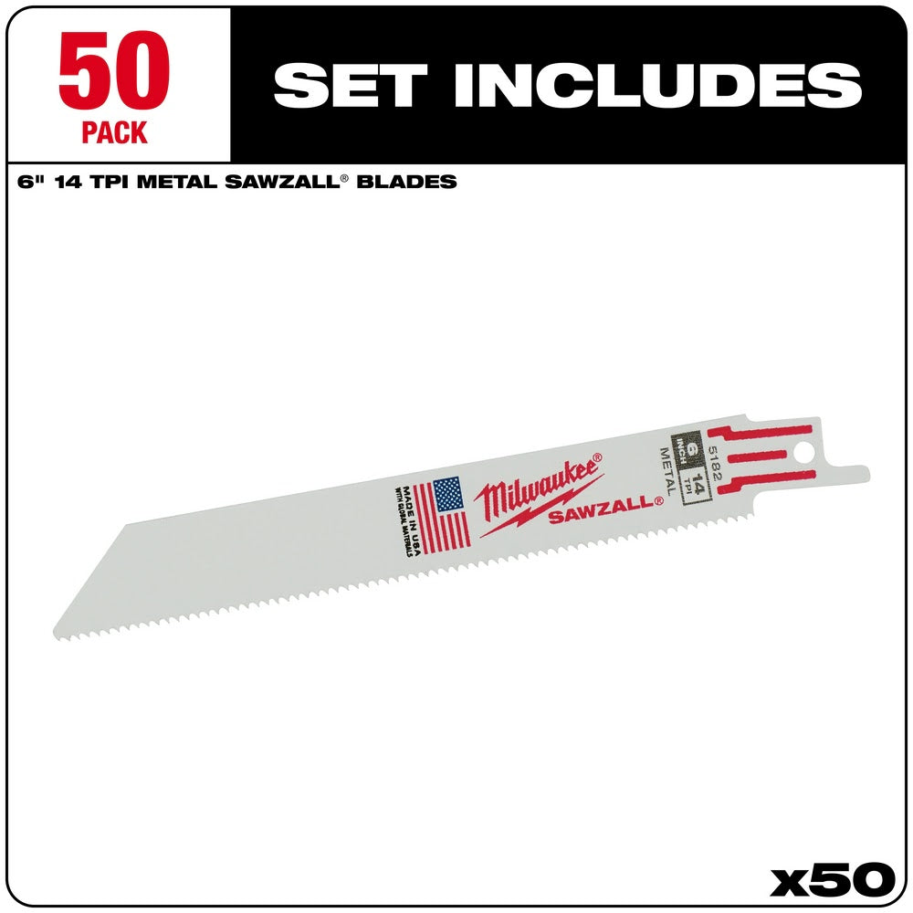 Milwaukee 48-01-6182 6 x 14 TPI Bi-Metal Super Sawzall Blade, 50-Pack