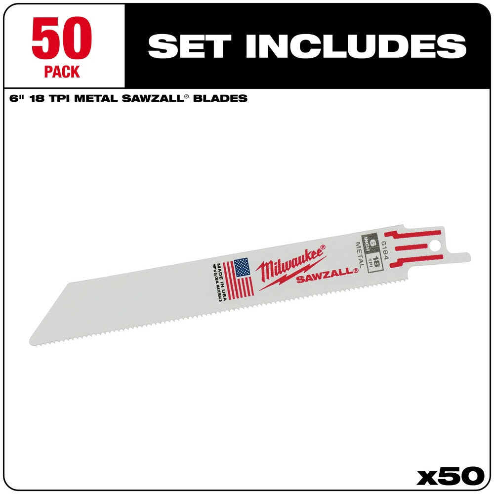 Milwaukee 48-01-6184 6 x 18 TPI Bi-Metal Super Sawzall Blade, 50-Pack