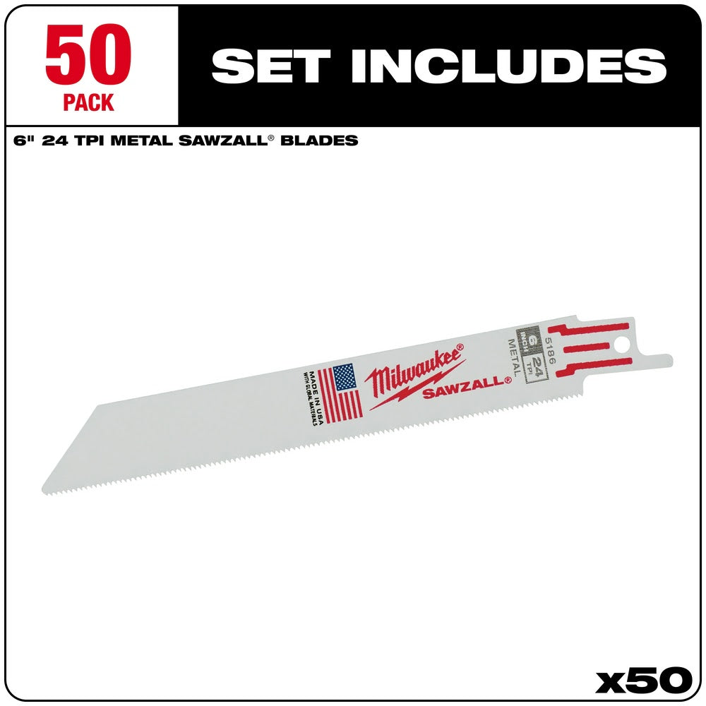 Milwaukee 48-01-6186 6 x 24TPI Bi-Metal Super Sawzall Blade, 50-Pack