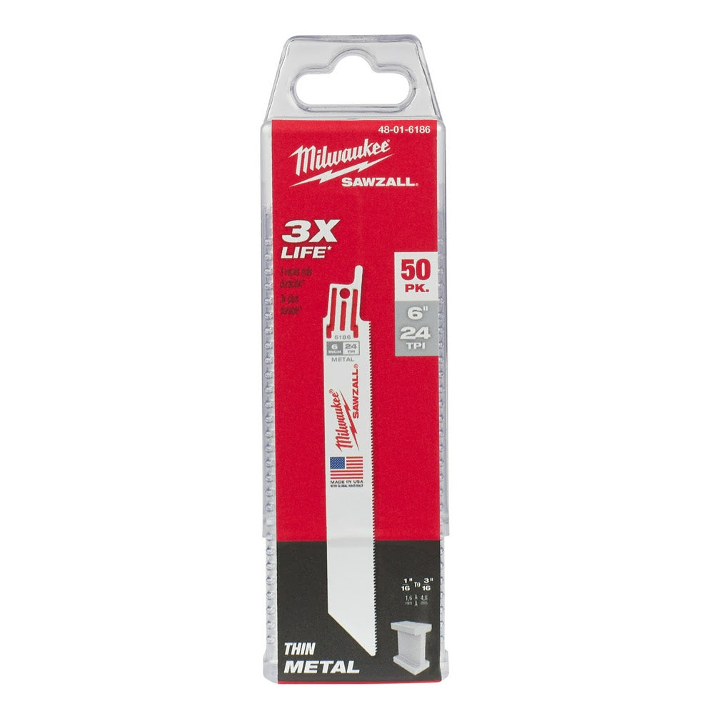 Milwaukee 48-01-6186 6 x 24TPI Bi-Metal Super Sawzall Blade, 50-Pack