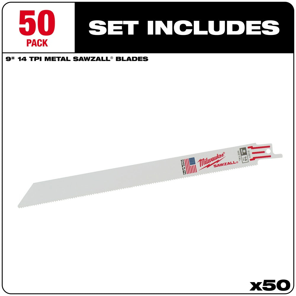 Milwaukee 48-01-6187 9 x 14 TPI Bi-Metal Super Sawzall Blade, 50-Pack