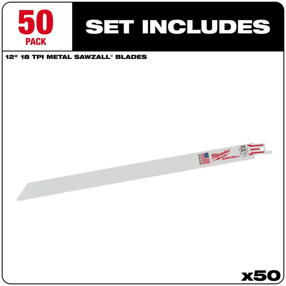 Milwaukee 48-01-6189 12 x 18TPI Bi-Metal Super Sawzall Blade, 50-Pack