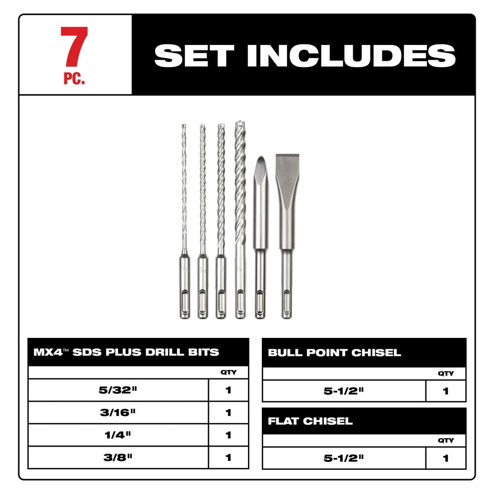 Milwaukee 48-20-7662 6pc. SDS Plus MX4 4-Cutter & Chisel Kit