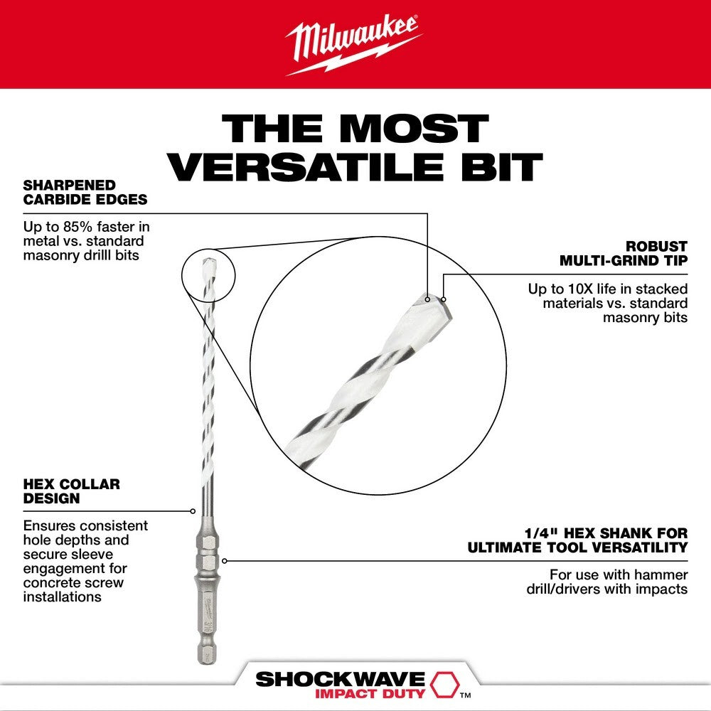 Milwaukee 48-20-8876 3/16 x 6 SHOCKWAVE Carbide Multi-Material Drill Bit for Concrete Screws