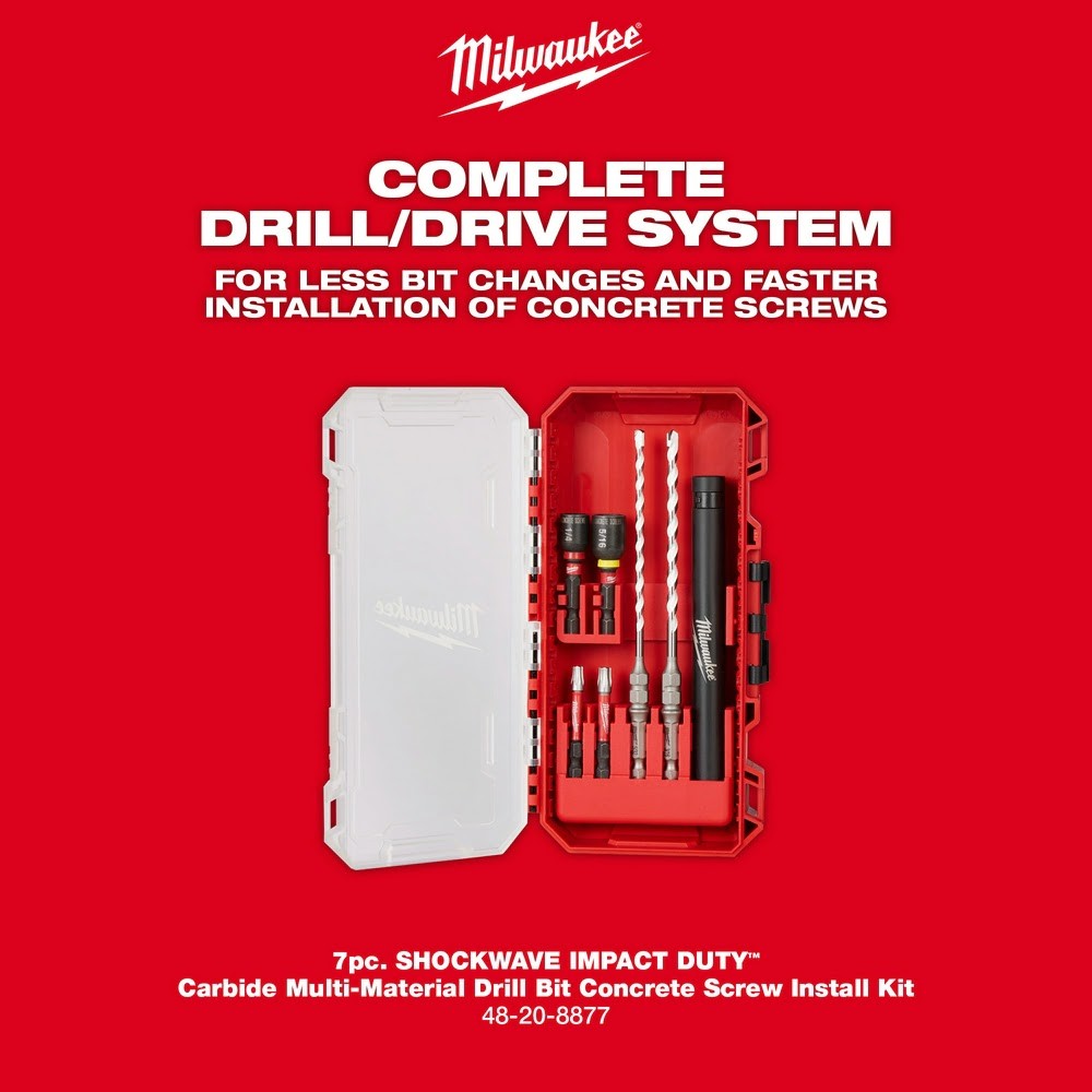 Milwaukee 48-20-8877 7pc. SHOCKWAVE Impact DUTY Carbide Multi-Material Drill Bit Concrete Screw Install Kit