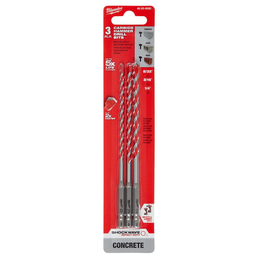 Milwaukee 48-20-9050 3Pc. SHOCKWAVE™ Carbide Hammer Drill Bit Kit