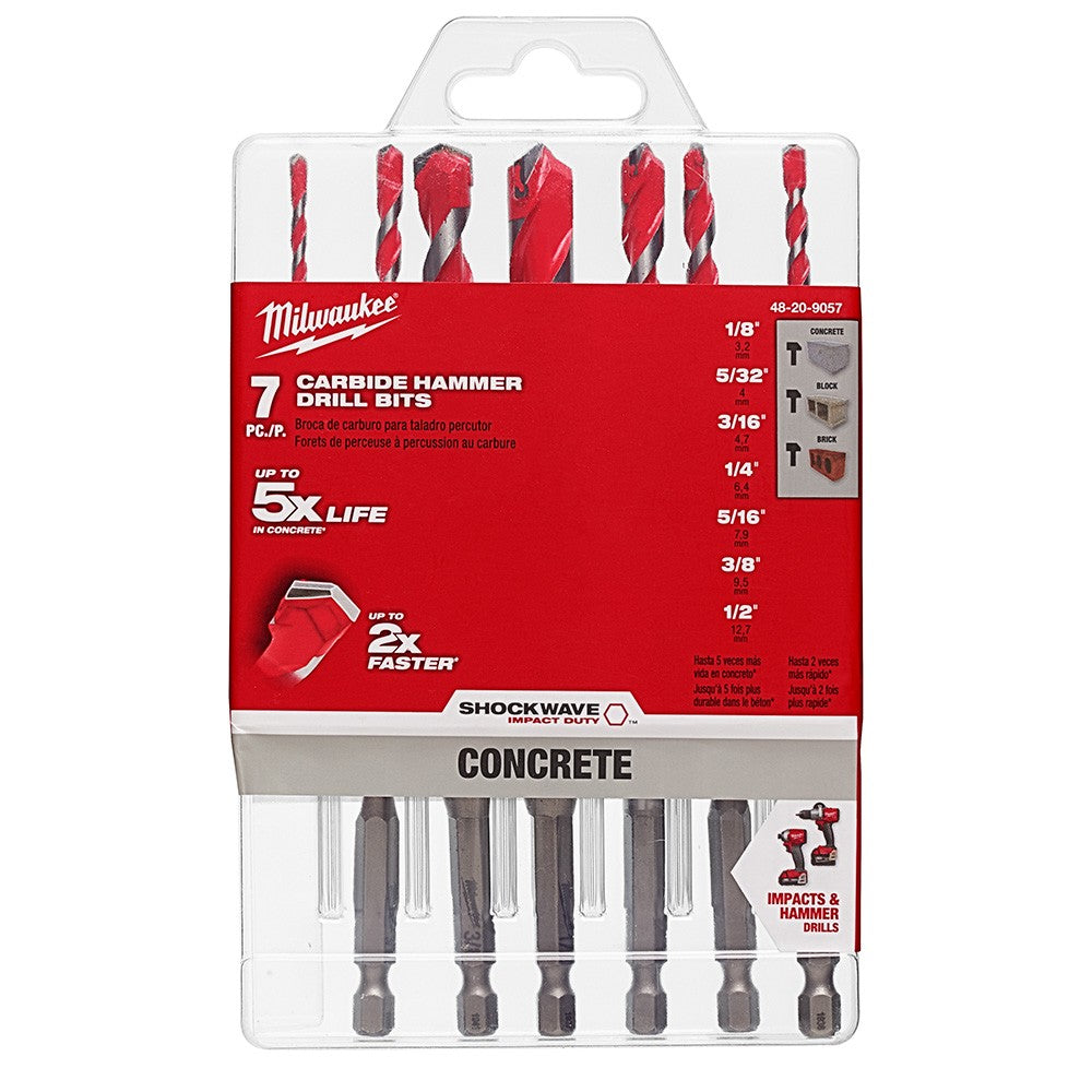 Milwaukee 48-20-9057 7Pc Large SHOCKWAVE™ Carbide Hammer Drill Bit Kit