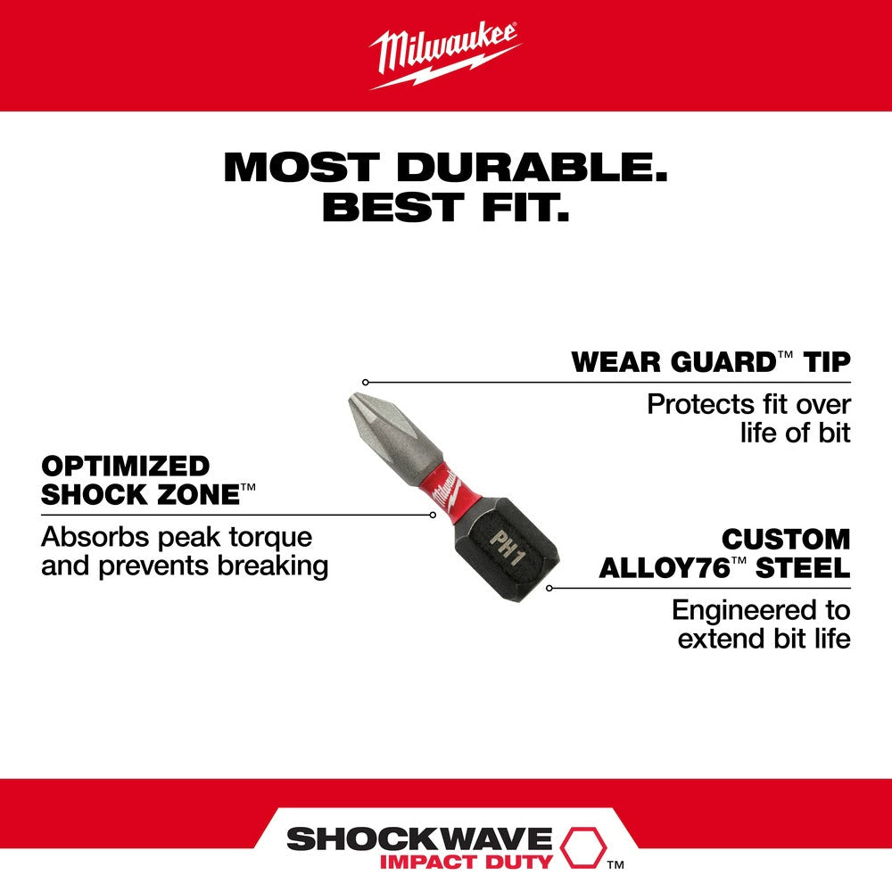 Milwaukee 48-32-4444 #2 Phillips Shockwave 1 Reduced Diameter Drywall Insert Bit 2-Pack