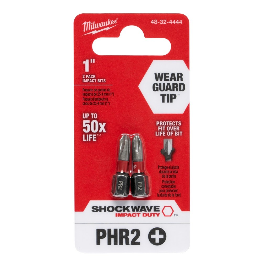 Milwaukee 48-32-4444 #2 Phillips Shockwave 1 Reduced Diameter Drywall Insert Bit 2-Pack