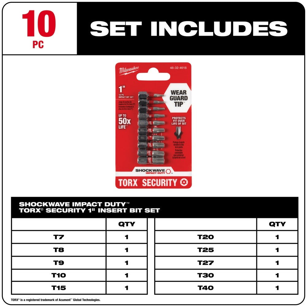 Milwaukee 48-32-4618 10 Piece SHOCKWAVE Torx Security Insert Bit Set