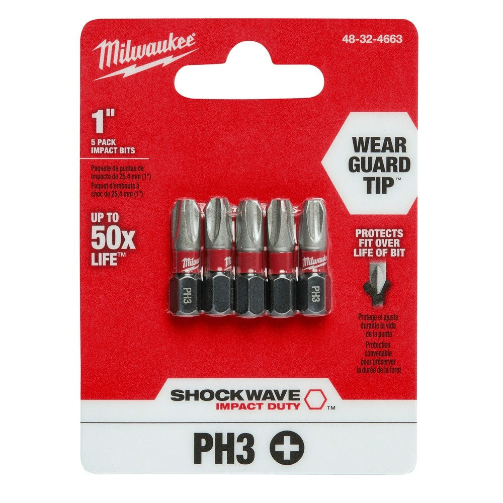 Milwaukee 48-32-4663 #3 Phillips Shockwave 1 Insert Bit, 5 Pack