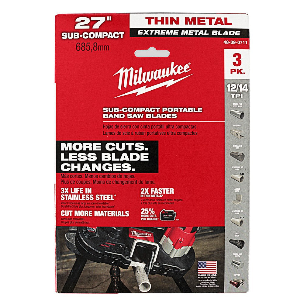 Milwaukee 48-39-0711 27 18TPI Extreme Thin Metal Bandsaw Blades 3 Pack Sub Compact