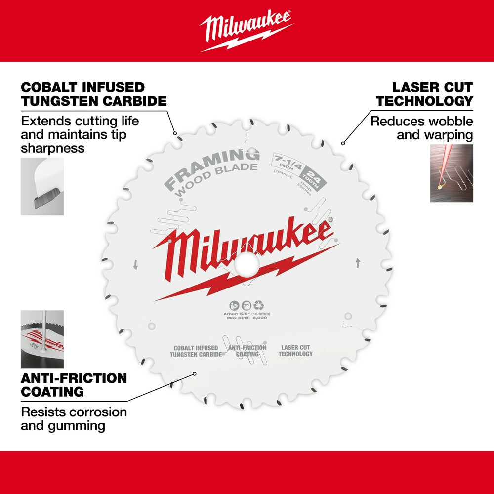 Milwaukee 48-40-0722 7-1/4 24T Framing Circular Saw Blade 2PK