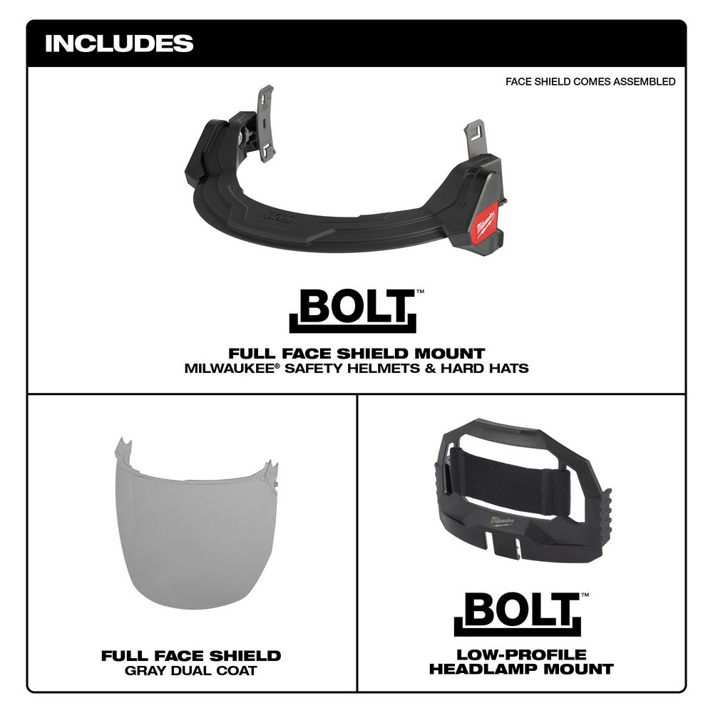 Milwaukee 48-73-1425 BOLT Full Face Shield - Gray Dual Coat Lens (Compatible with Milwaukee Safety Helmets & Hard Hats)