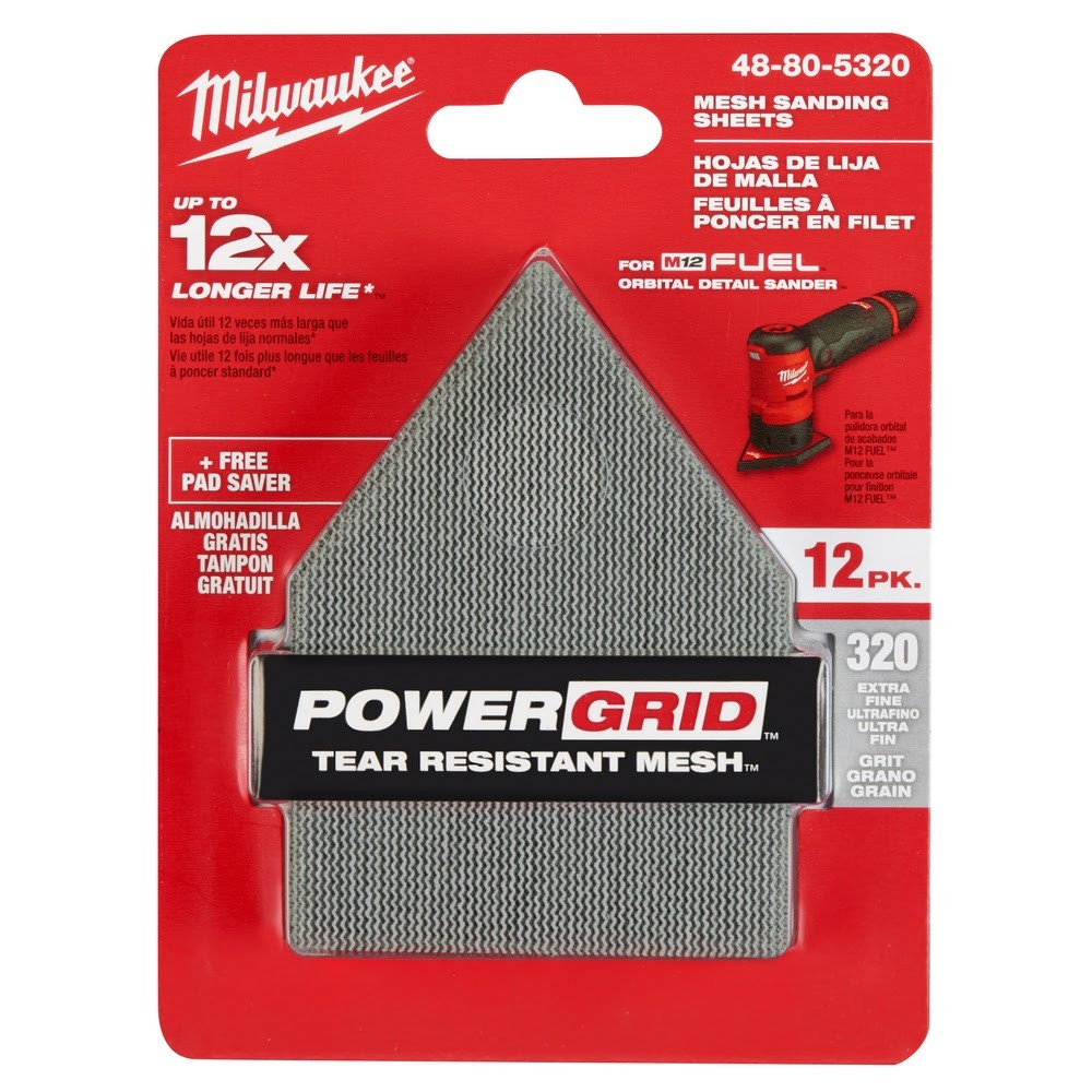 Milwaukee 48-80-5320 320 Grit Mesh Sanding Sheets for M12 FUEL Orbital Detail Sander 12-Pack