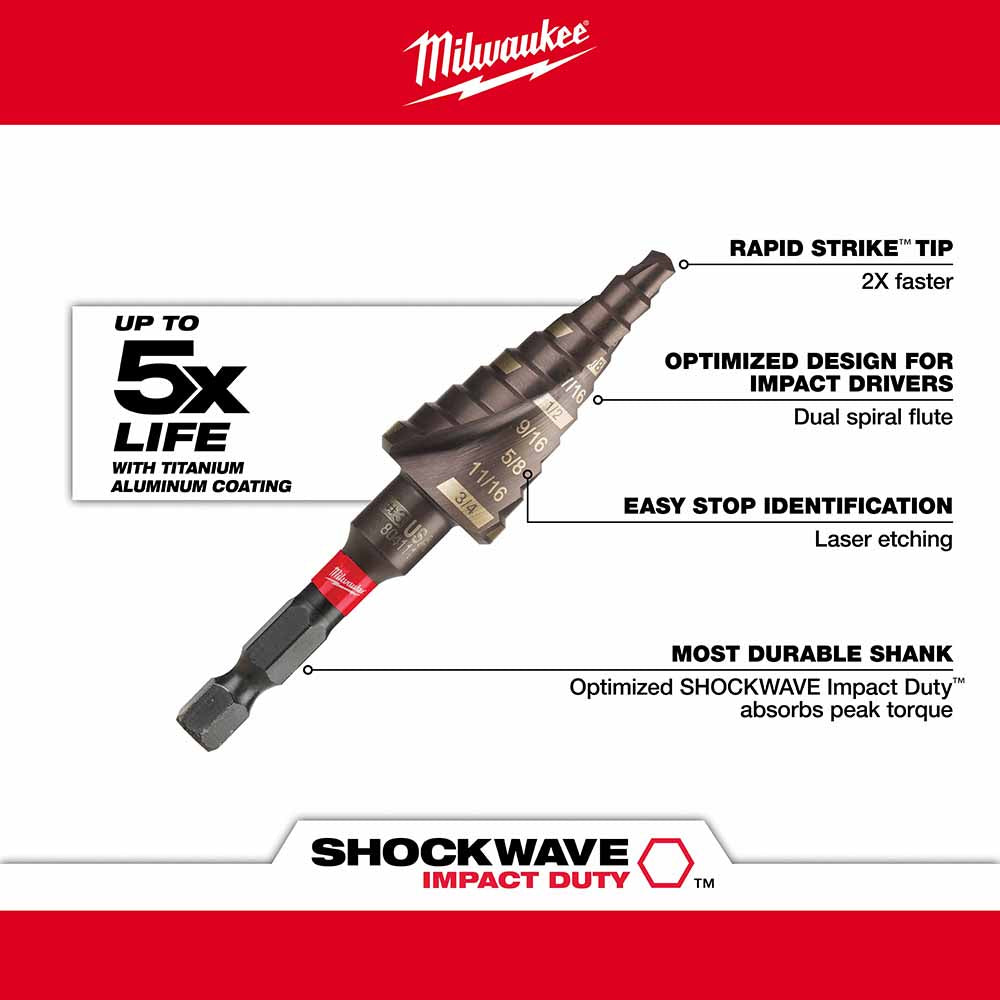 Milwaukee 48-89-9243 SHOCKWAVE Impact Duty Step Bit #3 3/16 - 3/4