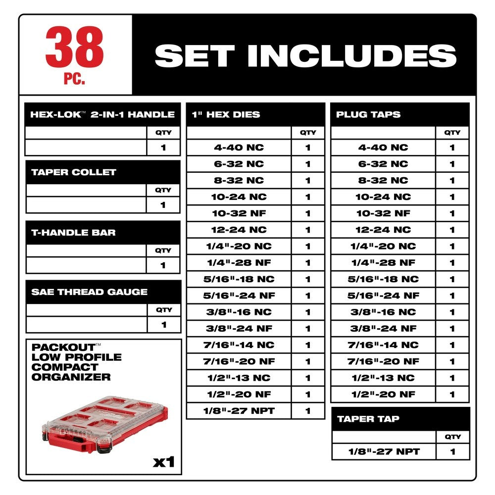 Milwaukee 49-22-5604 38PC SAE Tap & Die PACKOUT Set w/ Hex-LOK 2-in-1 Handle