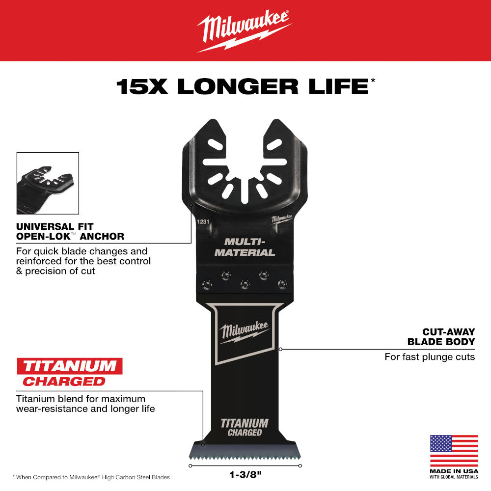 Milwaukee 49-25-1238 Open-Lok 1-3/8 Titanium Charged Bi-Metal Multi-Material Multi-Tool Blades 25Pk