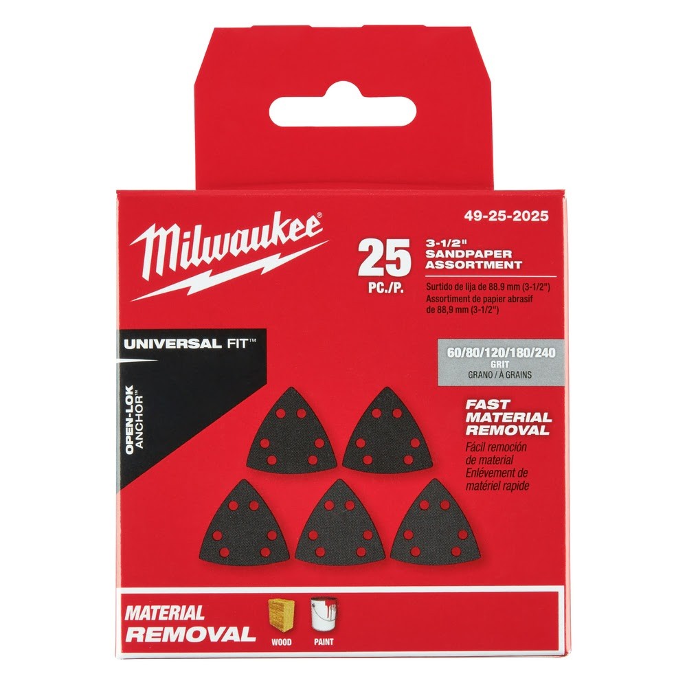 Milwaukee 49-25-2025 OPEN-LOK™ 3-1/2 Triangle Sandpaper Variety Pack 25Pc