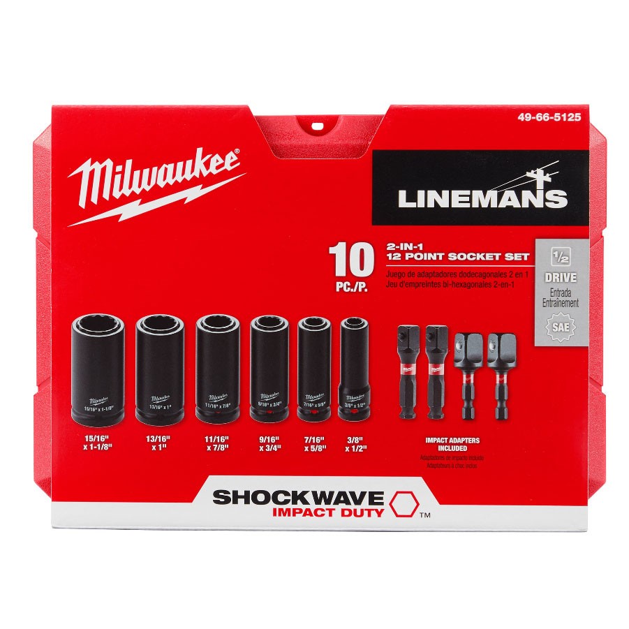 Milwaukee 49-66-5125 Shockwave Linemans 10Pc 2-in-1 12Pt Socket Set