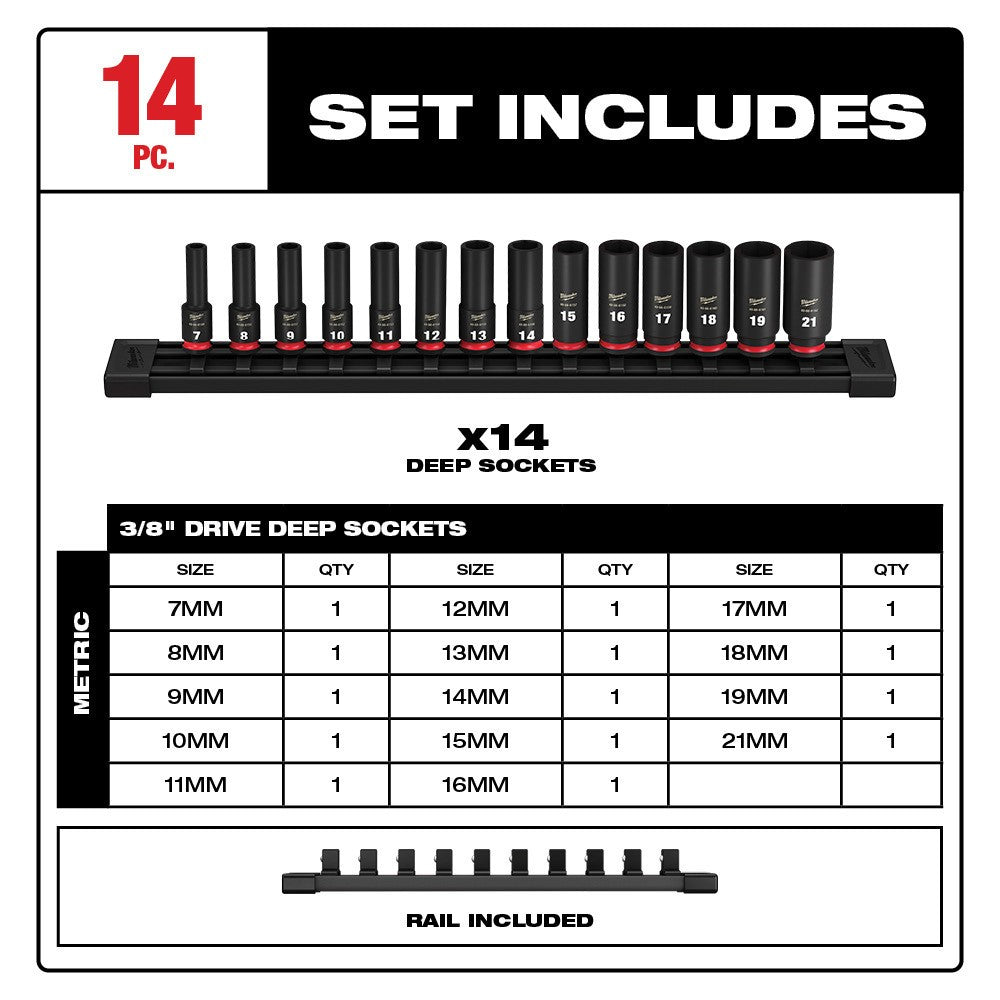 Milwaukee 49-66-7008 14Pc SHOCKWAVE Impact Duty™  3/8 Drive Metric Deep 6 Point Socket Set