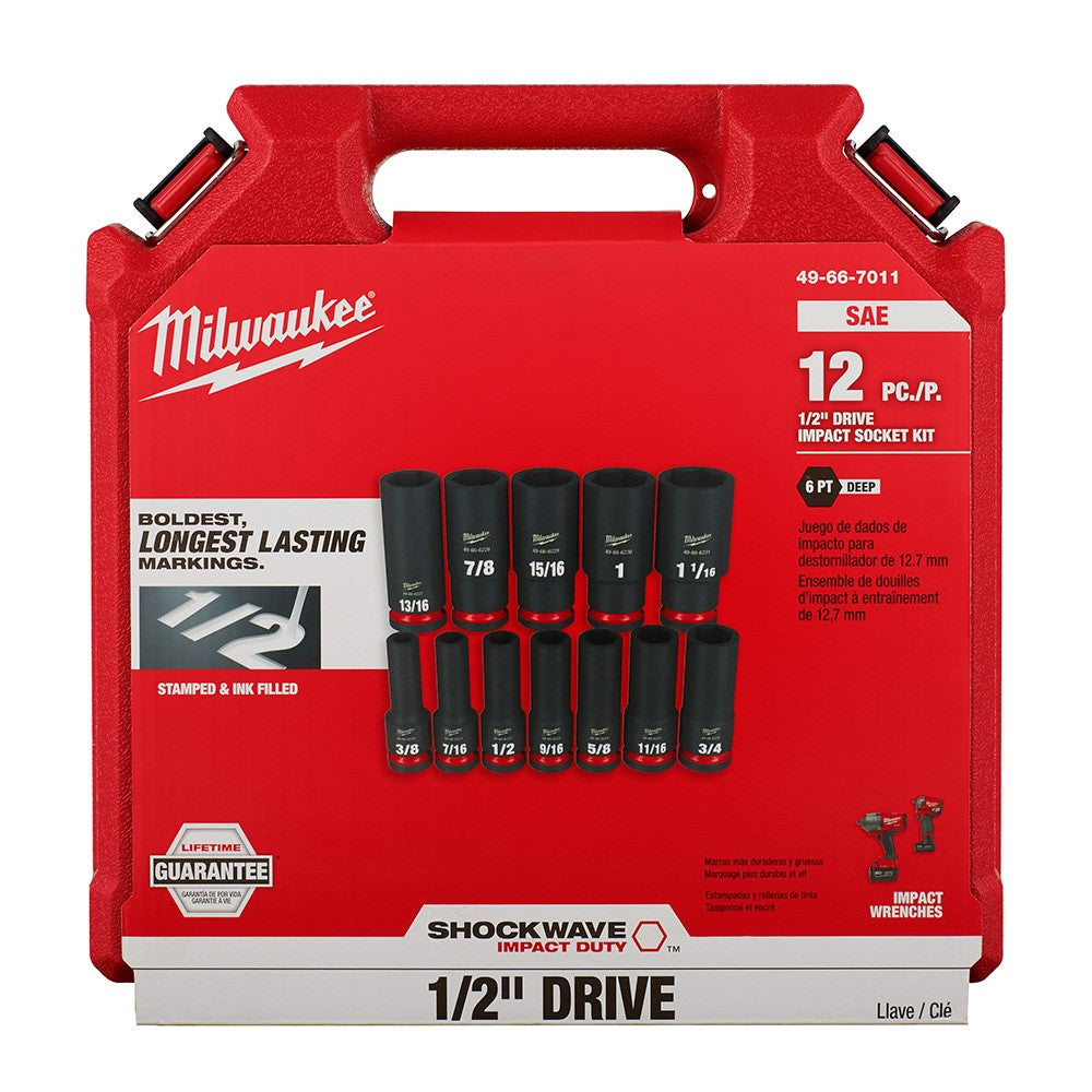 Milwaukee 49-66-7011 12PCSHOCKWAVE Impact Duty™ 1/2 Drive SAE Deep 6 Point Socket Set