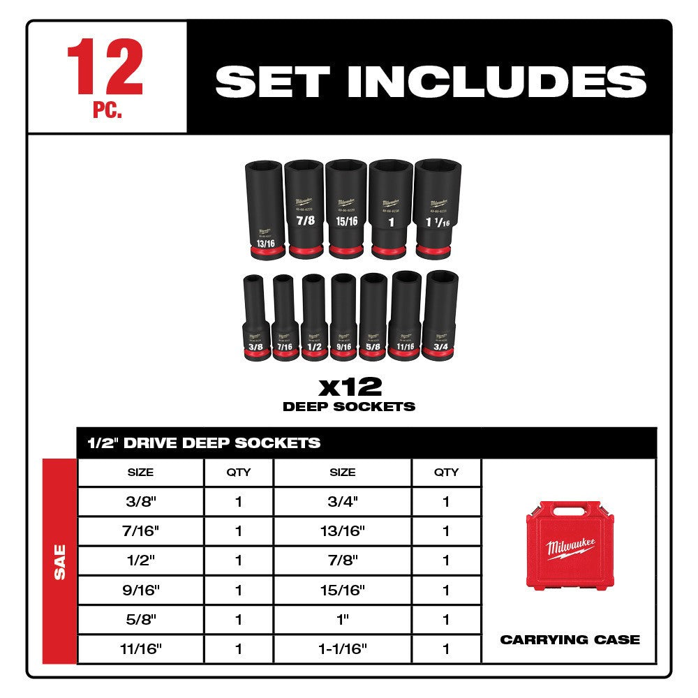 Milwaukee 49-66-7011 12PCSHOCKWAVE Impact Duty™ 1/2 Drive SAE Deep 6 Point Socket Set