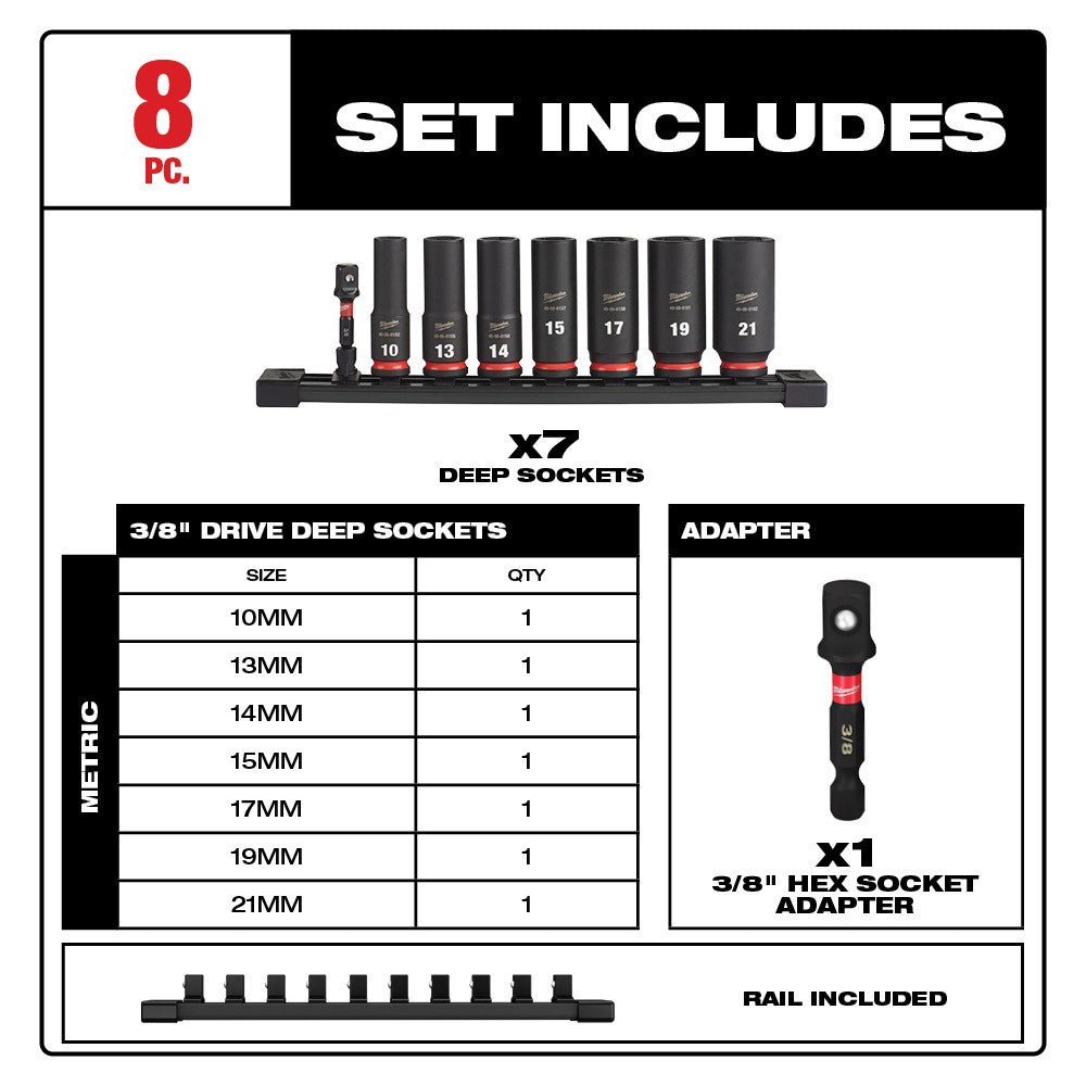 Milwaukee 49-66-7021 8PC SHOCKWAVE Impact Duty™  3/8 Drive Metric Deep 6 Point Socket Set